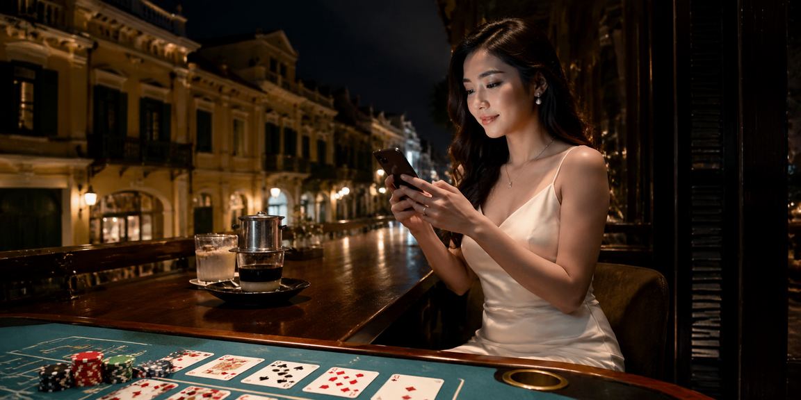 Người dùng tại Hà Nội ngồi quán cà phê chơi baccarat trực tuyến trên điện thoại vào buổi tối