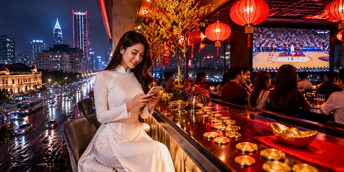 Người phụ nữ mặc áo dài tại TP.HCM xem kèo bóng rổ và đặt cược trực tuyến trên điện thoại