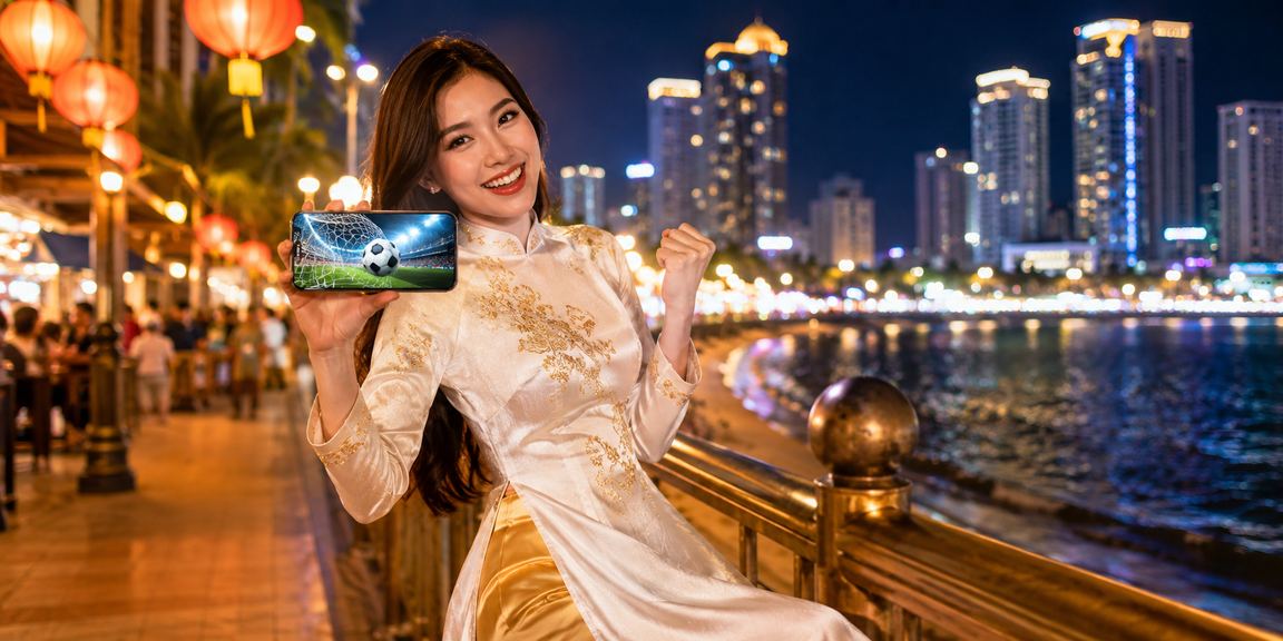 Người phụ nữ mặc áo dài tại Nha Trang xem thông tin đăng ký và khuyến mãi cá cược thể thao trên điện thoại